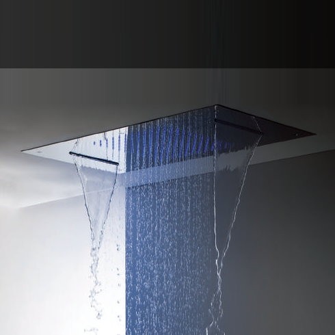 Regenbrause mit Wasserfall und Licht | Einbaudeckenbrausepaneel 70x38 cm | edelstahl poliert